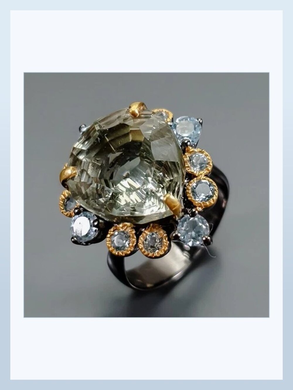 Ring Natural Green Amethyst with Topaz Accents 925 Size 7